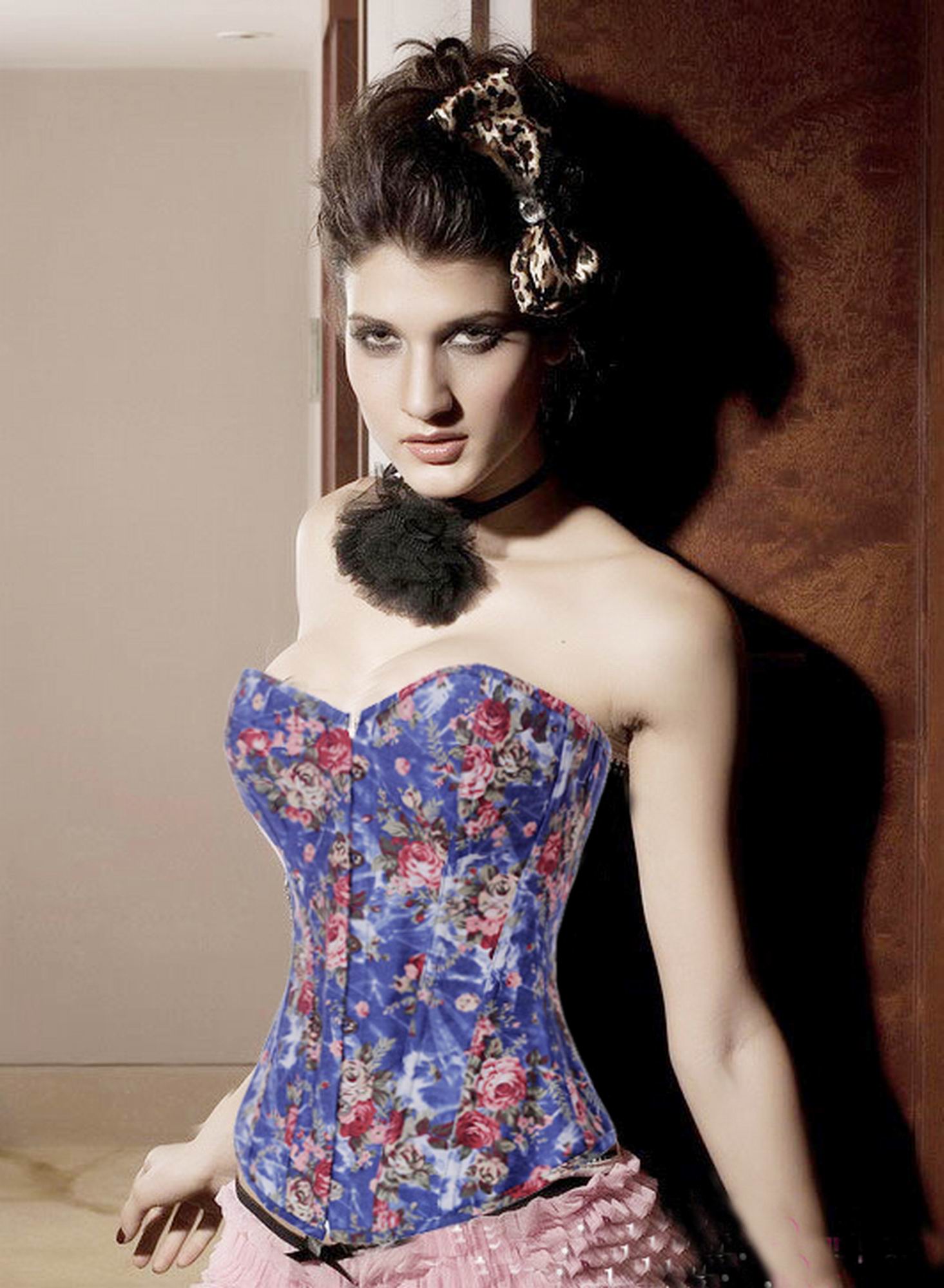 Blue Satin Rose Fabric Decoration Corset